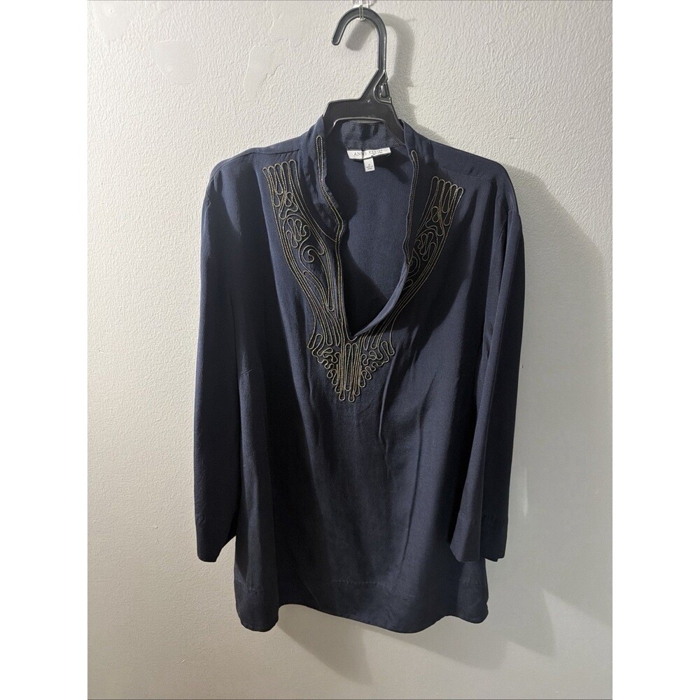 Anne Klein Navy Blue 100% Silk Blouse 3/4 Sleeve Beaded neckline Tunic Sz Medium